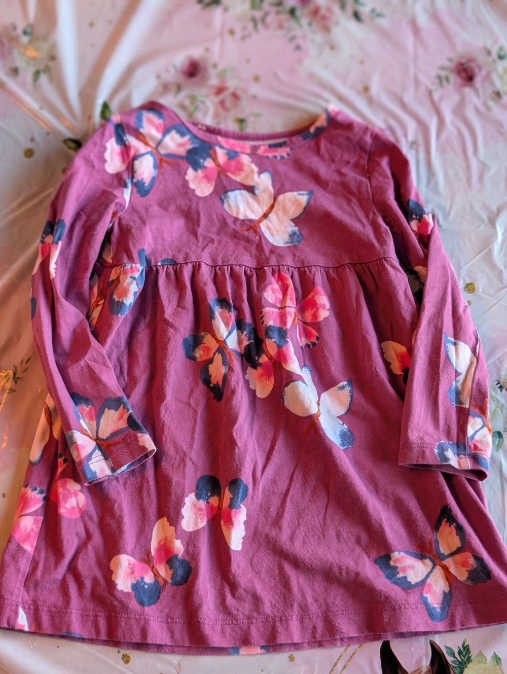 Girls Pink Butterfly Long Sleeve Dress/ 3T